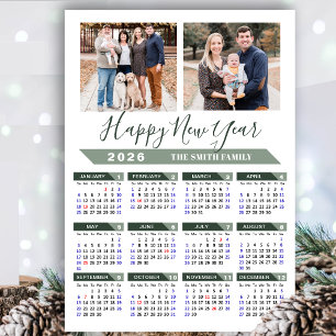 2026 Calendar Modern Sage Green Minimalist 2 Photo Holiday Card