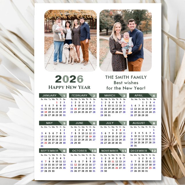 2026 Calendar Modern Sage Green Minimalist 2 Photo Holiday Card (Creator Uploaded)