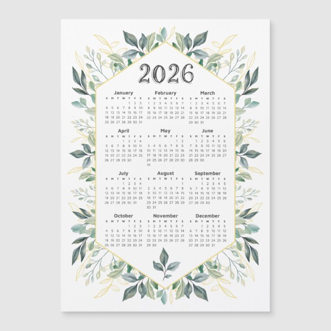2026 Calendar Modern Watercolor Botanical Leaves (Front)