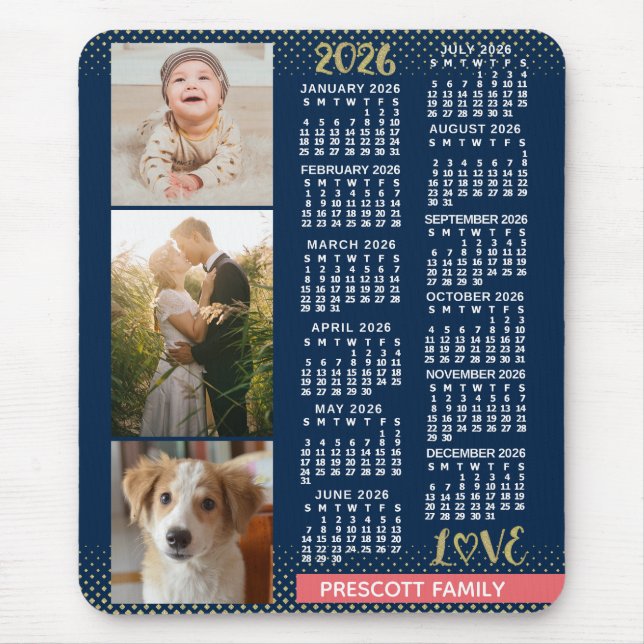 2026 Calendar Navy Coral Gold Family Photo Collage Mouse Pad (Front)