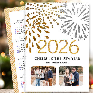 2026 Calendar New Year Firework Gold Family Photo  Holiday Card