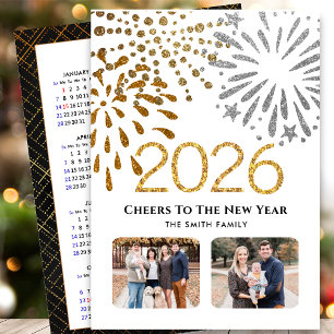 2026 Calendar New Year Firework Gold Family Photo  Holiday Card