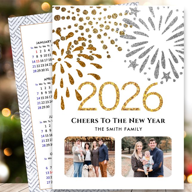 2026 Calendar New Year Firework Gold Family Photo Holiday Card (Creator Uploaded)