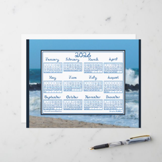 2026 Calendar Ocean Waves Beach Rocks Fabric Font (Front/Back In Situ)