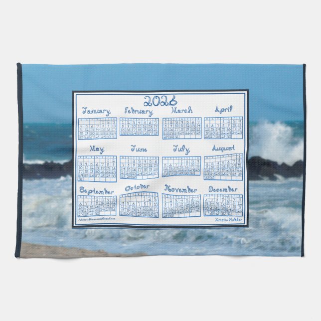 2026 Calendar Ocean Waves Beach Rocks Fabric Font Tea Towel (Horizontal)