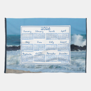 2026 Calendar Ocean Waves Beach Rocks Fabric Font Tea Towel
