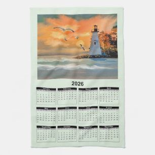 2026 Calendar of a White Lighthouse in Sunset Tea Towel