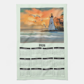 2026 Calendar of a White Lighthouse in Sunset Tea Towel
