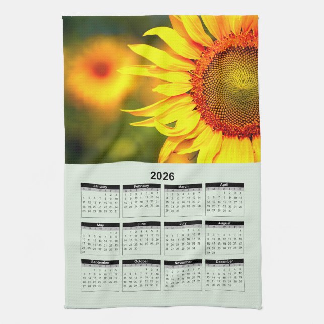 2026 Calendar of Beautiful Yellow Sunflower Tea Towel (Vertical)