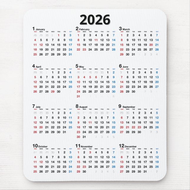 2026 Calendar On White Mouse Pad (Front)