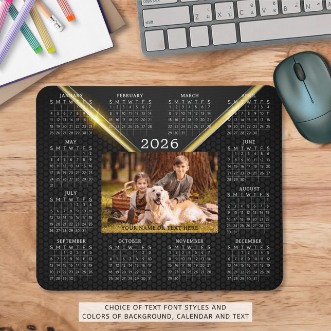 2026 Calendar One Photo Name Black Gold Mouse Pad (Creator Uploaded)
