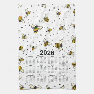 2026 Calendar Pattern with Bees and Dots Tea Towel