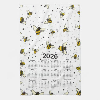 2026 Calendar Pattern with Bees and Dots Tea Towel