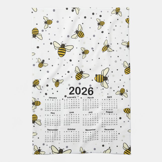 2026 Calendar Pattern with Bees and Dots Tea Towel (Vertical)