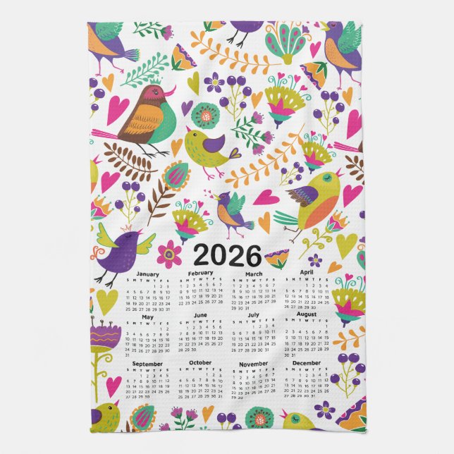 2026 Calendar Pink & Purple Birds and Flowers Tea Towel (Vertical)