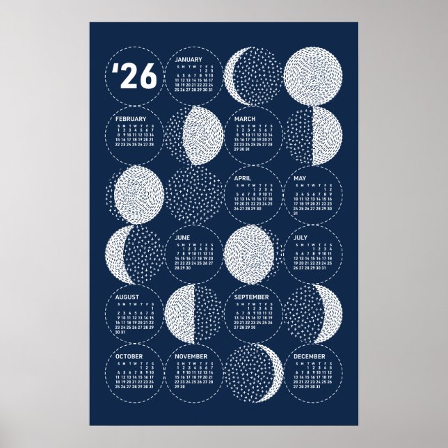 2026 Calendar Poster Moon Phases Sashiko (Front)