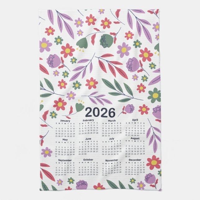 2026 Calendar Purple and Red Floral Pattern Tea Towel (Vertical)