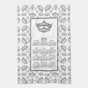 2026 Calendar Queen of Hearts Silver Tiara Fabric  Tea Towel
