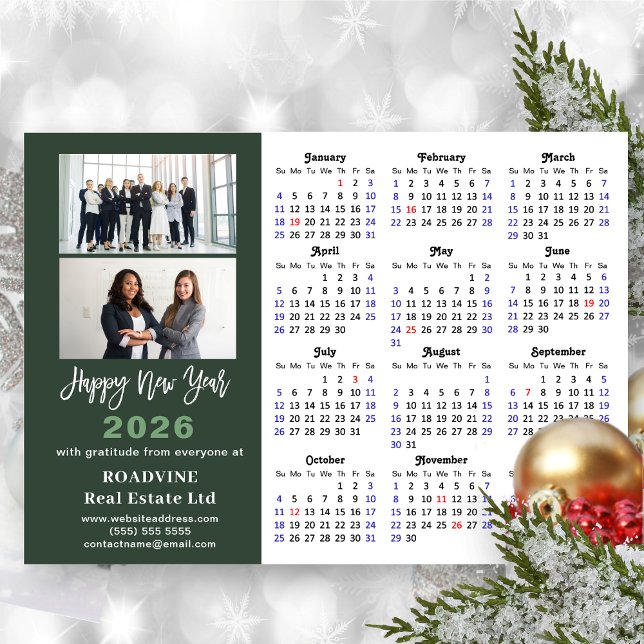 2026 Calendar Sage Green Business 2 Photo New Year Holiday Card (Creator Uploaded)