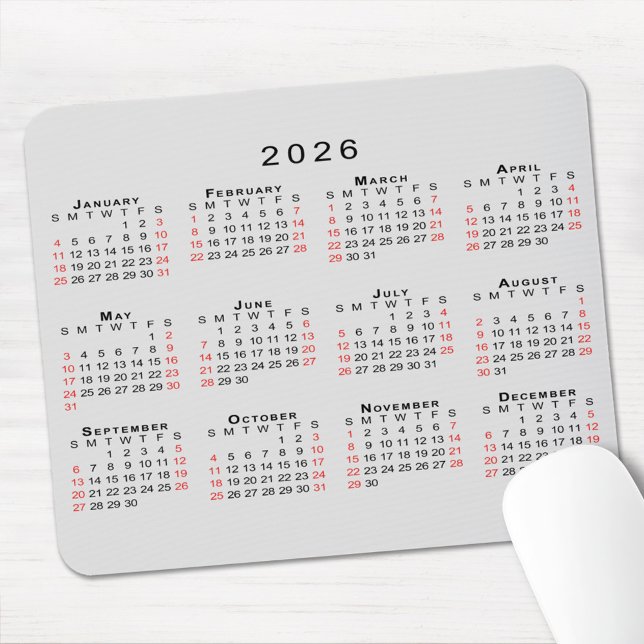 2026 Calendar Simple Grey Black Red Mouse Pad (2026 Calendar Simple Gray Black Red Mouse Pad, in situ)