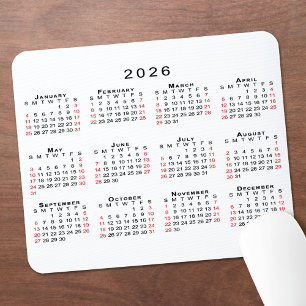 2026 Calendar Simple White Black Red Mouse Pad