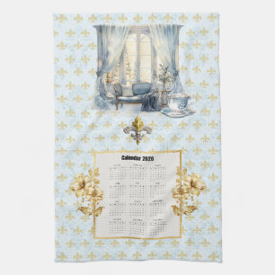 2026 Calendar Towel Blue Fleur de Lis Parisian