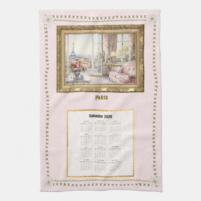 2026 Calendar Towel Paris View Custom Message (Vertical)