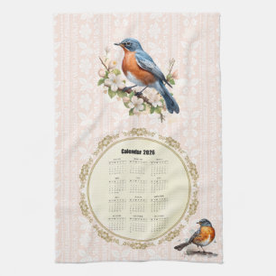 2026 Calendar Towel Robin Bird Peach Damask