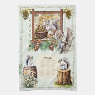2026 Calendar Towel Squirrels Daisies Acorns Green