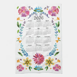 2026 Calendar Traditional Mexican Floral Folk Art Tea Towel