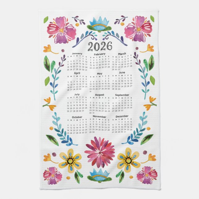 2026 Calendar Traditional Mexican Floral Folk Art Tea Towel (Vertical)