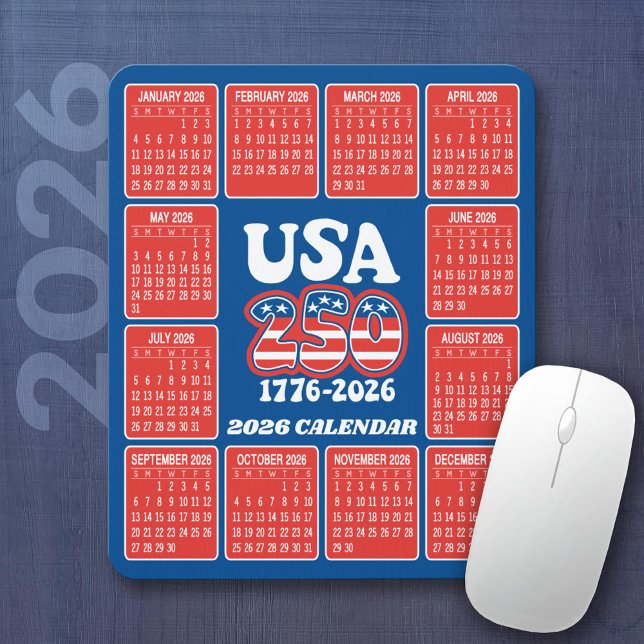 2026 Calendar - USA 250 Red White Blue Mouse Pad (2026 Calendar on a Mousepad)