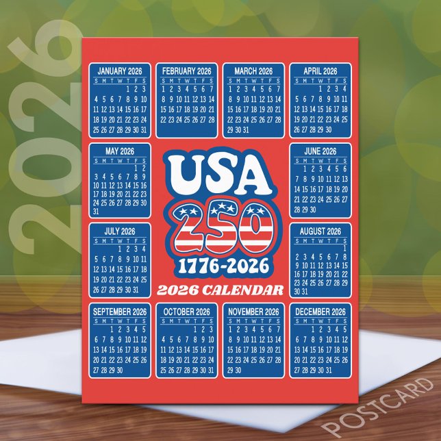 2026 Calendar - USA 250 Red White Blue Postcard (2026 Calendar on a Postcard)