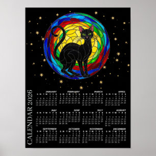 2026 Calendar, Vintage Black Cat, Colourful Mosaic Poster