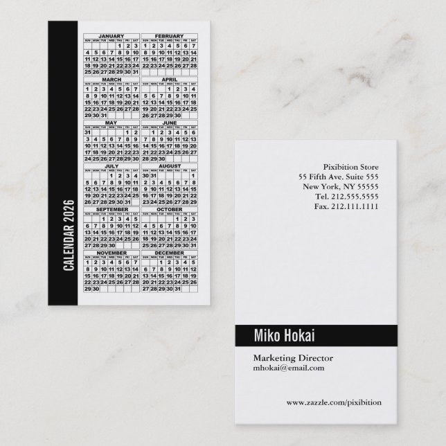 2026 Calendar Wallet Sized Business Card White (Front/Back)
