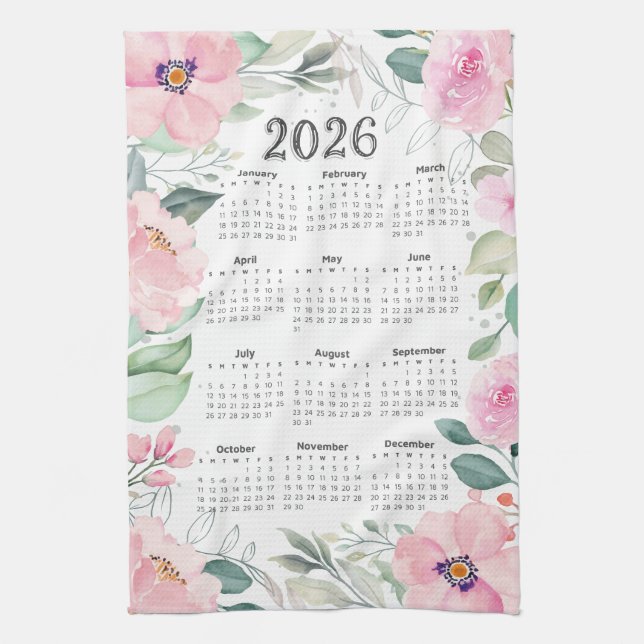 2026 Calendar Watercolor Blush Pink Floral Tea Towel (Vertical)