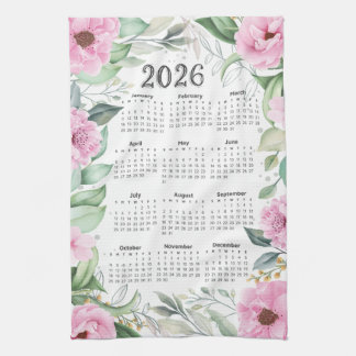 2026 Calendar Watercolor Eucalyptus Pink Floral Tea Towel