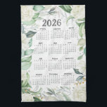 2026 Calendar Watercolor Eucalyptus White Floral Tea Towel<br><div class="desc">This design features delicate Watercolor blossoms paired with soft green eucalyptus leaves that gives it an airy,  elegant,  and calming look.</div>