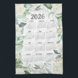 2026 Calendar Watercolor Eucalyptus White Floral Tea Towel<br><div class="desc">This design features delicate Watercolor blossoms paired with soft green eucalyptus leaves that gives it an airy,  elegant,  and calming look.</div>