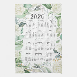 2026 Calendar Watercolor Eucalyptus White Floral Tea Towel