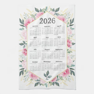 2026 Calendar Watercolor Pink Botanical Greenery Tea Towel