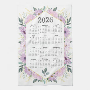 2026 Calendar Watercolor Purple Botanical Greenery Tea Towel