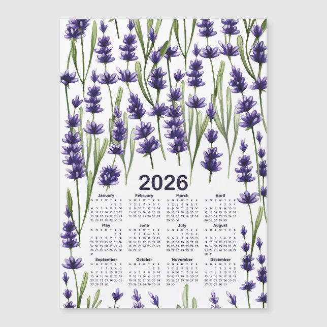 2026 Calendar Watercolor Purple Lavender Flowers (Front)