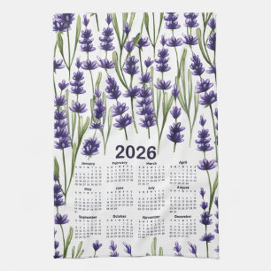 2026 Calendar Watercolor Purple Lavender Flowers Tea Towel