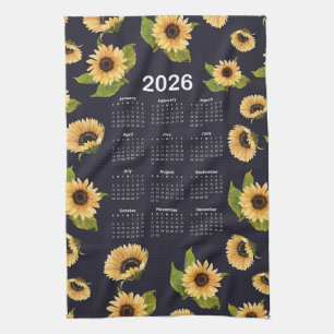 2026 Calendar Watercolor Sunflowers Pattern Tea Towel