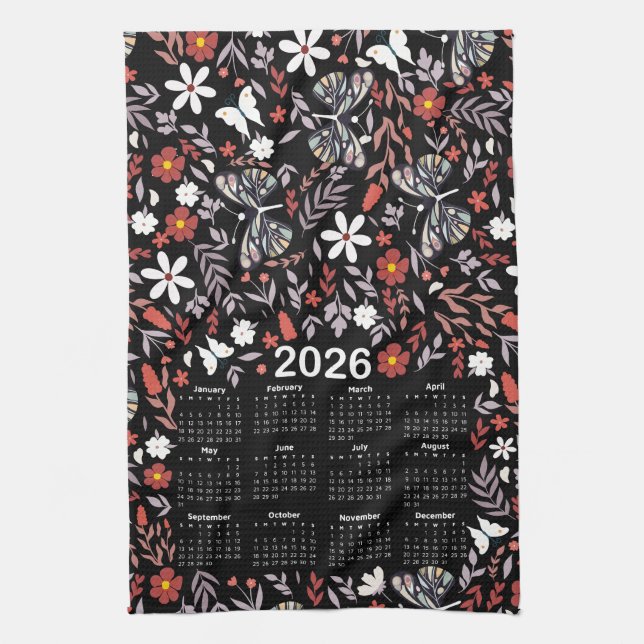 2026 Calendar Whimsical Floral & Butterfly Black Tea Towel (Vertical)