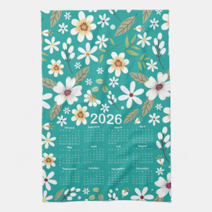 2026 Calendar White Floral Pattern Tea Towel