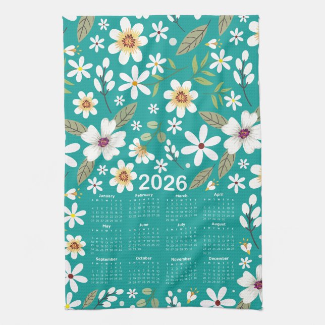 2026 Calendar White Floral Pattern Tea Towel (Vertical)