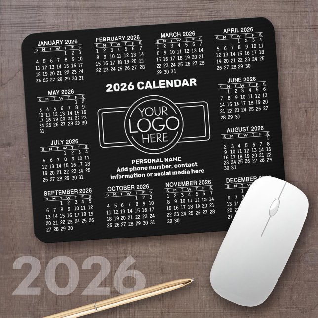 2026 Calendar with logo, Contact Information Black Mouse Pad (2026 Calendar on a Mousepad)