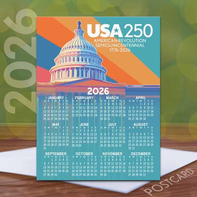 2026 Calendar with USA 250 Capital Dome America Postcard (2026 Calendar on a Postcard)